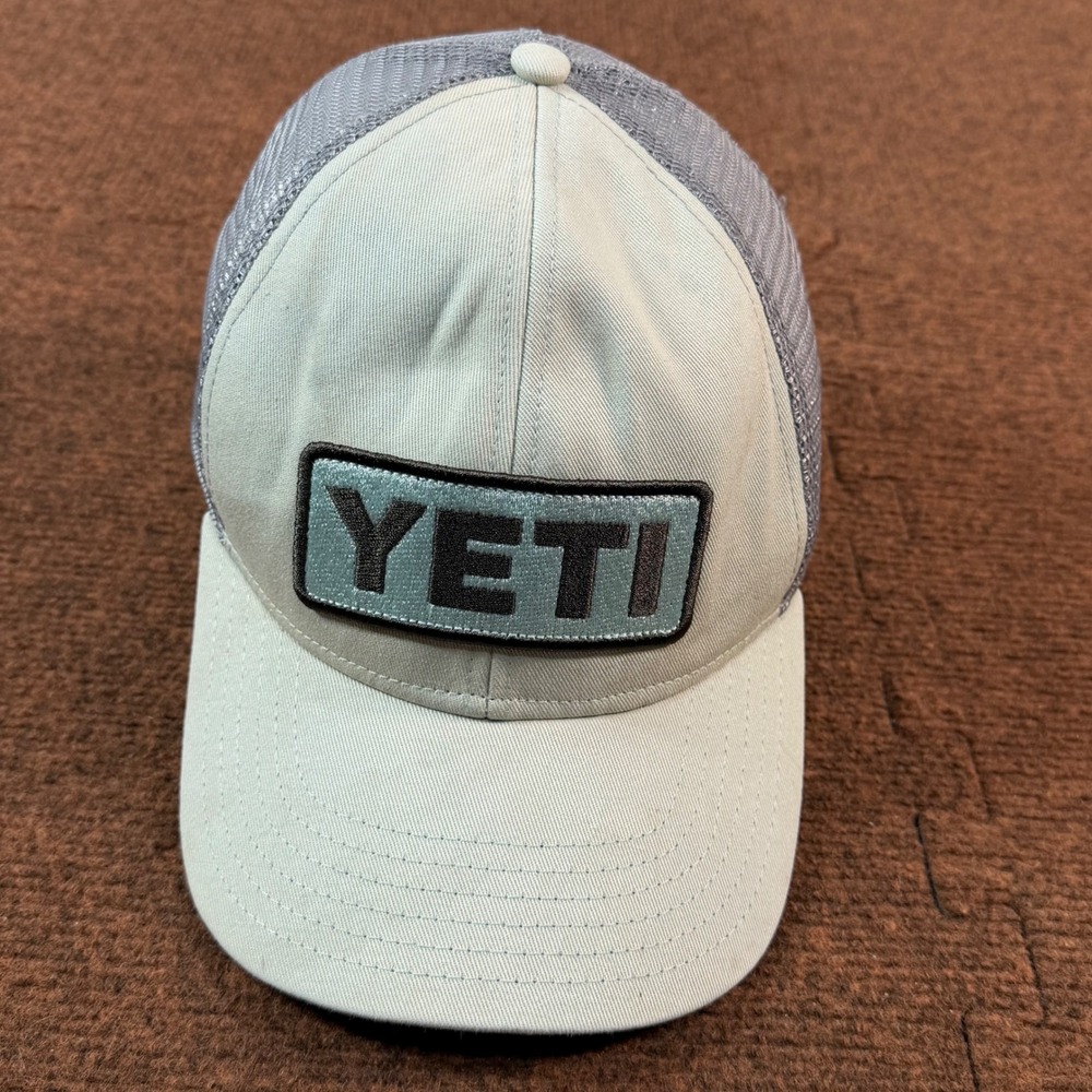 A- YETI Trucker Hat Sage Green Grey Mesh Snapback Built For The Wild Logo Cap